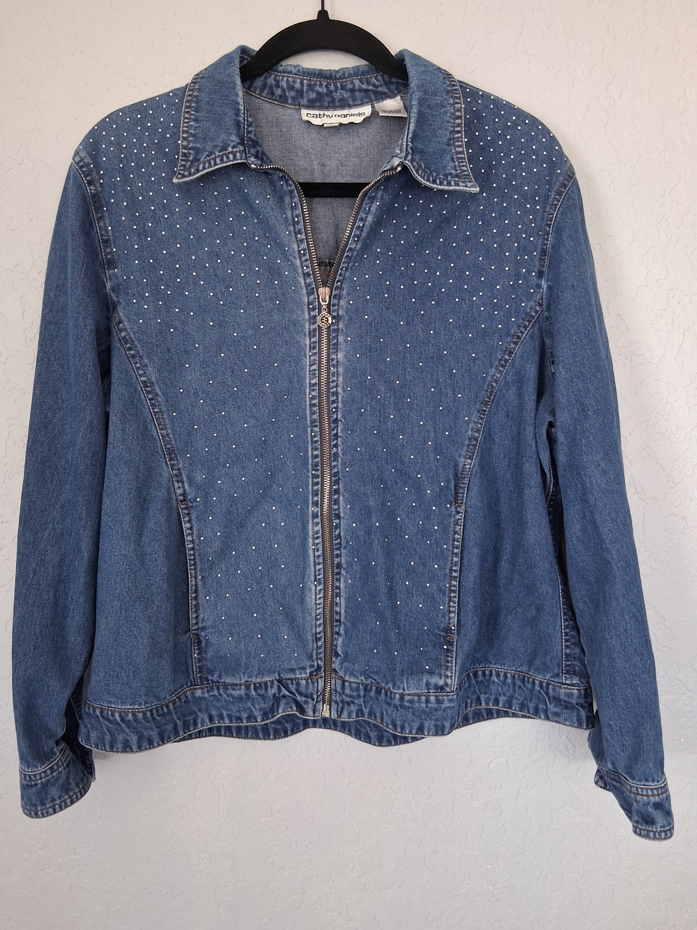 Vintage Cathy Daniels Denim Jacket L Large Rhinestone Studded Zip Y2K Jean
